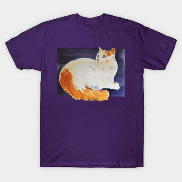 Orange and white longhair cat on purple T-Shirt by HelenDBVickers